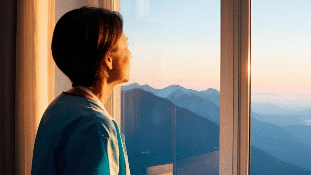 Femme regardant un paysage en montagne au coucher du soleil