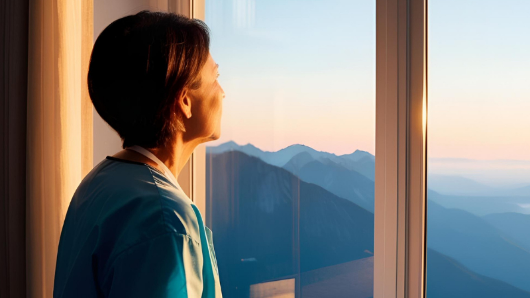 Femme regardant un paysage en montagne au coucher du soleil